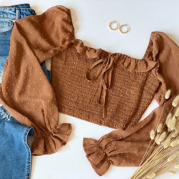 DOSE the label Tops - Camel Ruffle Puff Sleeve Smocked Top